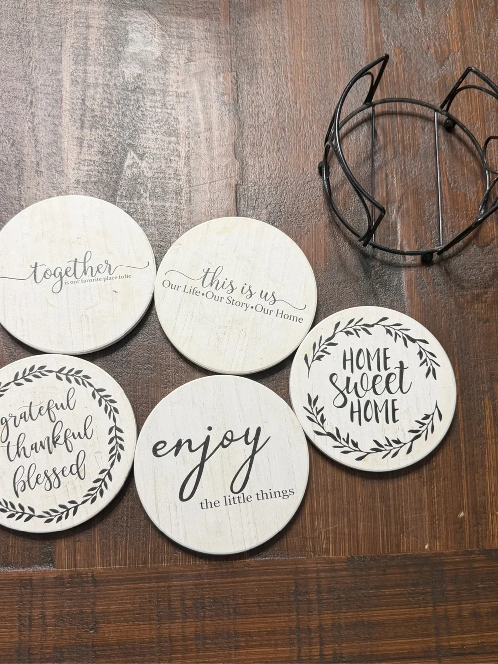 Home Sweet Home Decorative Coasters - White and Black Set of 5 with Holder